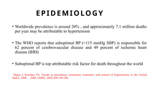 EPIDEMIOLOGY
• Worldwide prevalence is around 20% , and approximately 7.1 million deaths
per year may be attributable to hypertension
• The WHO reports that suboptimal BP (>115 mmHg SBP) is responsible for
62 percent of cerebrovascular disease and 49 percent of ischemic heart
disease (IHD)
• Suboptimal BP is top attributable risk factor for death throughout the world
Hajjar I, Kotchen TA. Trends in prevalence, awareness, treatment, and control of hypertension in the United
States, 1988- 2000. JAMA 2003;290:199-206
 