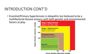 INTRODUCTION CONT’D
• Essential/Primary hypertension is idiopathic but believed to be a
multifactorial disease process with both genetic and environmental
factors at play.
 