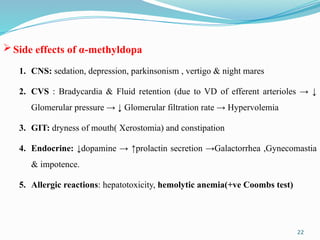 22
Side effects of α-methyldopa
1. CNS: sedation, depression, parkinsonism , vertigo & night mares
2. CVS : Bradycardia & Fluid retention (due to VD of efferent arterioles → ↓
Glomerular pressure → ↓ Glomerular filtration rate → Hypervolemia
3. GIT: dryness of mouth( Xerostomia) and constipation
4. Endocrine: ↓dopamine → ↑prolactin secretion →Galactorrhea ,Gynecomastia
& impotence.
5. Allergic reactions: hepatotoxicity, hemolytic anemia(+ve Coombs test)
 