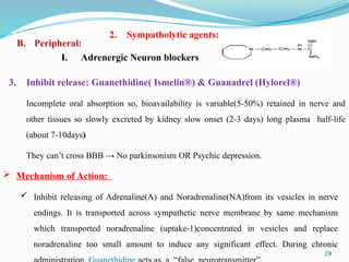 B. Peripheral:
I. Adrenergic Neuron blockers
 Mechanism of Action:
 Inhibit releasing of Adrenaline(A) and Noradrenaline(NA)from its vesicles in nerve
endings. It is transported across sympathetic nerve membrane by same mechanism
which transported noradrenaline (uptake-1)concentrated in vesicles and replace
noradrenaline too small amount to induce any significant effect. During chronic
3. Inhibit release: Guanethidine( Ismelin®) & Guanadrel (Hylorel®)
Incomplete oral absorption so, bioavailability is variable(5-50%) retained in nerve and
other tissues so slowly excreted by kidney slow onset (2-3 days) long plasma half-life
(about 7-10days)
They can’t cross BBB → No parkinsonism OR Psychic depression.
29
2. Sympatholytic agents:
 