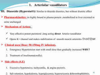 41
III. Diazoxide (Hyperstat®): Similar to thiazide diuretics, but without diuretic effect
 Pharmacokinetics: its highly bound to plasma protein ,metabolized in liver excreted in
urine unchanged
 Mechanism of Action:
 Very effective potent parenteral ,long acting direct Arterio-vasodilator
 Opens K+ channel and makes stabilization of smooth muscle arterioles VDBP.
 Clinical uses( Dose: 50-150mg IV infusion).
1. Emergency Hypertension start with small dose then gradually increased WHY?
2. Treatment of insulinoma(orally).
 Side effects (S.E)
1. Excessive hypotensive, tachycardia, & angina pectoris.
2. Salt retention, hypokalemia, hyperglycemia, hyperuricemia &thrombophlebitis.
1. Arteriolar vasodilators
 