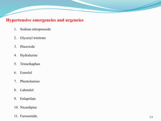 54
Hypertensive emergencies and urgencies
1. Sodium nitroprusside
2. Glyceryl trinitrate
3. Diazoxide
4. Hydralazine
5. Trimethaphan
6. Esmolol
7. Phentolamine
8. Labetalol
9. Enlaprilate
10. Nicardipine
11. Furosemide.
 