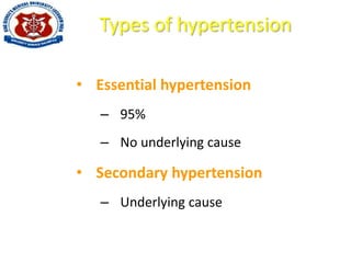 Types of hypertension
• Essential hypertension
– 95%
– No underlying cause
• Secondary hypertension
– Underlying cause
 