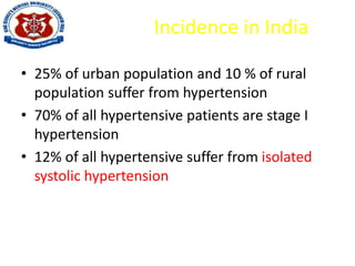 Incidence in India
• 25% of urban population and 10 % of rural
population suffer from hypertension
• 70% of all hypertensive patients are stage I
hypertension
• 12% of all hypertensive suffer from isolated
systolic hypertension
 