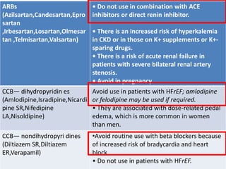 ARBs
(Azilsartan,Candesartan,Epro
sartan
,Irbesartan,Losartan,Olmesar
tan ,Telmisartan,Valsartan)
• Do not use in combination with ACE
inhibitors or direct renin inhibitor.
• There is an increased risk of hyperkalemia
in CKD or in those on K+ supplements or K+-
sparing drugs.
• There is a risk of acute renal failure in
patients with severe bilateral renal artery
stenosis.
• Avoid in pregnancy.
CCB— dihydropyridin es
(Amlodipine,Isradipine,Nicardi
pine SR,Nifedipine
LA,Nisoldipine)
Avoid use in patients with HFrEF; amlodipine
or felodipine may be used if required.
• They are associated with dose-related pedal
edema, which is more common in women
than men.
CCB— nondihydropyri dines
(Diltiazem SR,Diltiazem
ER,Verapamil)
•Avoid routine use with beta blockers because
of increased risk of bradycardia and heart
block.
• Do not use in patients with HFrEF.
 