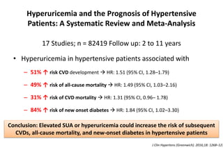 Hyperuricemia and the Prognosis of Hypertensive
Patients: A Systematic Review and Meta-Analysis
17 Studies; n = 82419 Follow up: 2 to 11 years
• Hyperuricemia in hypertensive patients associated with
– 51% ↑ risk CVD development  HR: 1.51 (95% CI, 1.28–1.79)
– 49% ↑ risk of all-cause mortality  HR: 1.49 (95% CI, 1.03–2.16)
– 31% ↑ risk of CVD mortality  HR: 1.31 (95% CI, 0.96– 1.78)
– 84% ↑ risk of new onset diabetes  HR: 1.84 (95% CI, 1.02–3.30)
J Clin Hypertens (Greenwich). 2016;18: 1268–127
Conclusion: Elevated SUA or hyperuricemia could increase the risk of subsequent
CVDs, all-cause mortality, and new-onset diabetes in hypertensive patients
 