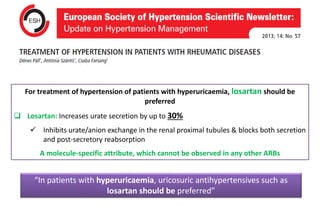 “In patients with hyperuricaemia, uricosuric antihypertensives such as
losartan should be preferred”
For treatment of hypertension of patients with hyperuricaemia, losartan should be
preferred
 Losartan: Increases urate secretion by up to 30%
 Inhibits urate/anion exchange in the renal proximal tubules & blocks both secretion
and post-secretory reabsorption
A molecule-specific attribute, which cannot be observed in any other ARBs
 