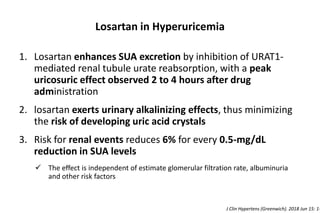 Losartan in Hyperuricemia
1. Losartan enhances SUA excretion by inhibition of URAT1-
mediated renal tubule urate reabsorption, with a peak
uricosuric effect observed 2 to 4 hours after drug
administration
2. losartan exerts urinary alkalinizing effects, thus minimizing
the risk of developing uric acid crystals
3. Risk for renal events reduces 6% for every 0.5-mg/dL
reduction in SUA levels
 The effect is independent of estimate glomerular filtration rate, albuminuria
and other risk factors
J Clin Hypertens (Greenwich). 2018 Jun 15: 1-
 