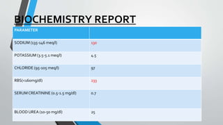 BIOCHEMISTRY REPORT
PARAMETER
SODIUM (135-146 meq/l) 130
POTASSIUM (3.5-5.1 meq/l) 4.5
CHLORIDE (95-105 meq/l) 97
RBS(<160mg/dl) 233
SERUMCREATININE (0.5-1.5 mg/dl) 0.7
BLOOD UREA (10-50 mg/dl) 25
 