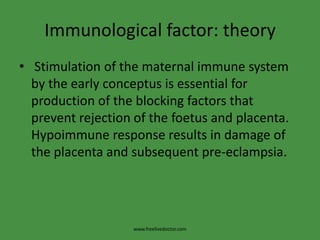 Immunological factor: theory Stimulation of the maternal immune system by the early conceptus is essential for production of the blocking factors that prevent rejection of the foetus and placenta. Hypoimmune response results in damage of the placenta and subsequent pre-eclampsia.www.freelivedoctor.com