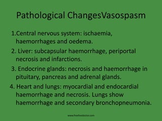 Pathological ChangesVasospasm 1.Central nervous system: ischaemia, haemorrhages and oedema. 2. Liver: subcapsularhaemorrhage, periportal necrosis and infarctions. 3. Endocrine glands: necrosis and haemorrhage in pituitary, pancreas and adrenal glands.4. Heart and lungs: myocardial and endocardialhaemorrhage and necrosis. Lungs show haemorrhage and secondary bronchopneumonia.www.freelivedoctor.com