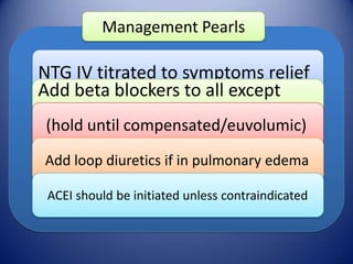 Management Pearls

NTG IV titrated to symptoms relief
Add beta blockers to all except
acute LV failure
(hold until compensated/euvolumic)

Add loop diuretics if in pulmonary edema
ACEI should be initiated unless contraindicated

 