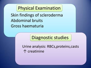 Physical Examination
Skin findings of scleroderma
Abdominal bruits
Gross haematuria

Diagnostic studies
Urine analysis: RBCs,proteins,casts
↑ creatinine

 