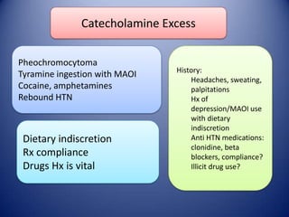 Catecholamine Excess
Pheochromocytoma
Tyramine ingestion with MAOI
Cocaine, amphetamines
Rebound HTN

Dietary indiscretion
Rx compliance
Drugs Hx is vital

History:
Headaches, sweating,
palpitations
Hx of
depression/MAOI use
with dietary
indiscretion
Anti HTN medications:
clonidine, beta
blockers, compliance?
Illicit drug use?

 