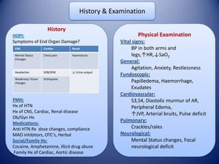 History & Examination
History
HOPI:
Symptoms of End Organ Damage?
CNS

Cardiac

Renal

Mental Status
Changes

Chest pain

Haematuria

Headaches

SOB/DOE

↓ Urine output

Weakness/ Vision
changes

Orthopnea

PMH:
Hx of HTN
Hx of CNS, Cardiac, Renal disease
Ob/Gyn Hx
Medications:
Anti HTN Rx dose changes, compliance
MAO inhibitors, OTC’s, Herbal
Social/Family Hx:
Cocaine, Amphetamine, illicit drug abuse
Family Hx of Cardiac, Aortic disease

Physical Examination
Vital signs:
BP in both arms and
legs,↑HR,↓SaO2
General:
Agitation, Anxiety, Restlessness
Fundoscopic:
Papilledema, Haemorrhage,
Exudates
Cardiovascular:
S3,S4, Diastolic murmur of AR,
Peripheral Edema,
↑JVP, Arterial bruits, Pulse deficit
Pulmonary:
Crackles/rales
Neurological:
Mental Status changes, Focal
neurological deficit

 