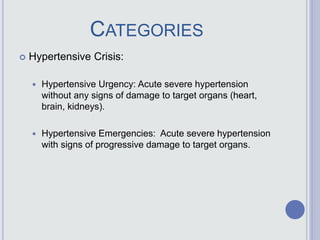 CATEGORIES
 Hypertensive Crisis:
 Hypertensive Urgency: Acute severe hypertension
without any signs of damage to target organs (heart,
brain, kidneys).
 Hypertensive Emergencies: Acute severe hypertension
with signs of progressive damage to target organs.
 