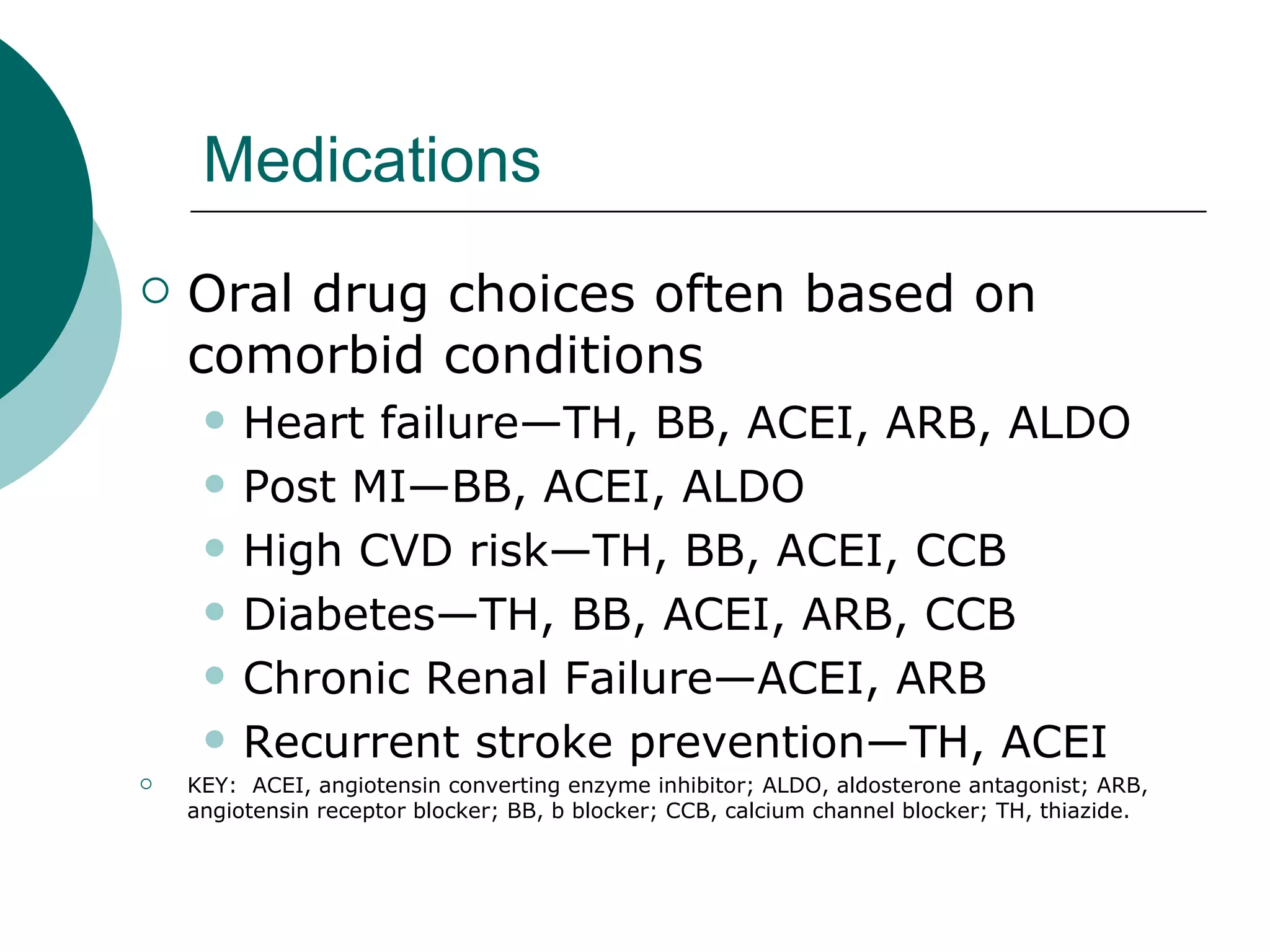 Medications
   Oral drug choices often based on
    comorbid conditions
        Heart failure—TH, BB, ACEI, ARB, ALDO
        Post MI—BB, ACEI, ALDO
        High CVD risk—TH, BB, ACEI, CCB
        Diabetes—TH, BB, ACEI, ARB, CCB
        Chronic Renal Failure—ACEI, ARB
        Recurrent stroke prevention—TH, ACEI
   KEY: ACEI, angiotensin converting enzyme inhibitor; ALDO, aldosterone antagonist; ARB,
    angiotensin receptor blocker; BB, b blocker; CCB, calcium channel blocker; TH, thiazide.
 