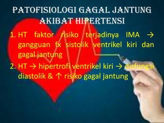 Patofisiologi gagal jantung
akibat hipertensi
1. HT faktor risiko terjadinya IMA →
gangguan fx sistolik ventrikel kiri dan
gagal jantung
2. HT → hipertrofi ventrikel kiri → disfungsi
diastolik & ↑ risiko gagal jantung
 