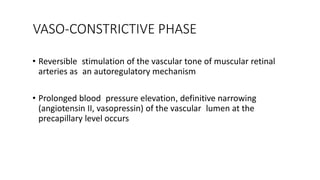 VASO-CONSTRICTIVE PHASE
• Reversible stimulation of the vascular tone of muscular retinal
arteries as an autoregulatory mechanism
• Prolonged blood pressure elevation, definitive narrowing
(angiotensin II, vasopressin) of the vascular lumen at the
precapillary level occurs
 