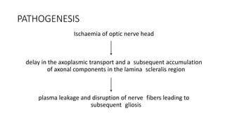 PATHOGENESIS
Ischaemia of optic nerve head
delay in the axoplasmic transport and a subsequent accumulation
of axonal components in the lamina scleralis region
plasma leakage and disruption of nerve fibers leading to
subsequent gliosis
 
