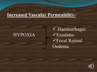 HYPOXIA
Increased Vascular Permeability-
 Haemorrhages
Exudates
Focal Retinal
Oedema
 