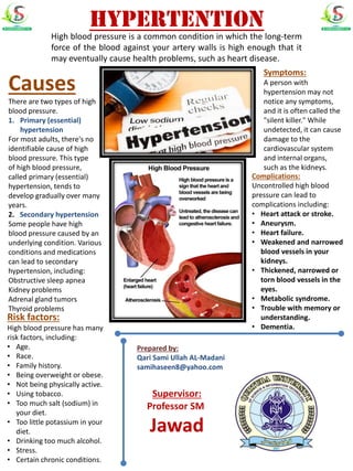 HYPERTENTION
High blood pressure is a common condition in which the long-term
force of the blood against your artery walls is high enough that it
may eventually cause health problems, such as heart disease.
Symptoms:
A person with
hypertension may not
notice any symptoms,
and it is often called the
"silent killer." While
undetected, it can cause
damage to the
cardiovascular system
and internal organs,
such as the kidneys.
Causes
There are two types of high
blood pressure.
1. Primary (essential)
hypertension
For most adults, there's no
identifiable cause of high
blood pressure. This type
of high blood pressure,
called primary (essential)
hypertension, tends to
develop gradually over many
years.
2. Secondary hypertension
Some people have high
blood pressure caused by an
underlying condition. Various
conditions and medications
can lead to secondary
hypertension, including:
Obstructive sleep apnea
Kidney problems
Adrenal gland tumors
Thyroid problems
Risk factors:
High blood pressure has many
risk factors, including:
• Age.
• Race.
• Family history.
• Being overweight or obese.
• Not being physically active.
• Using tobacco.
• Too much salt (sodium) in
your diet.
• Too little potassium in your
diet.
• Drinking too much alcohol.
• Stress.
• Certain chronic conditions.
Complications:
Uncontrolled high blood
pressure can lead to
complications including:
• Heart attack or stroke.
• Aneurysm.
• Heart failure.
• Weakened and narrowed
blood vessels in your
kidneys.
• Thickened, narrowed or
torn blood vessels in the
eyes.
• Metabolic syndrome.
• Trouble with memory or
understanding.
• Dementia.
Prepared by:
Qari Sami Ullah AL-Madani
samihaseen8@yahoo.com
Supervisor:
Professor SM
Jawad
 