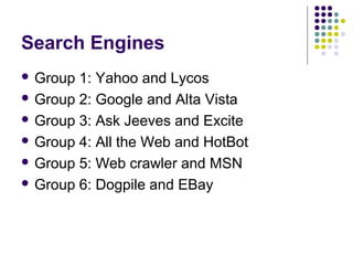 Search Engines
 Group 1: Yahoo and Lycos
 Group 2: Google and Alta Vista

 Group 3: Ask Jeeves and Excite

 Group 4: All the Web and HotBot

 Group 5: Web crawler and MSN

 Group 6: Dogpile and EBay
 
