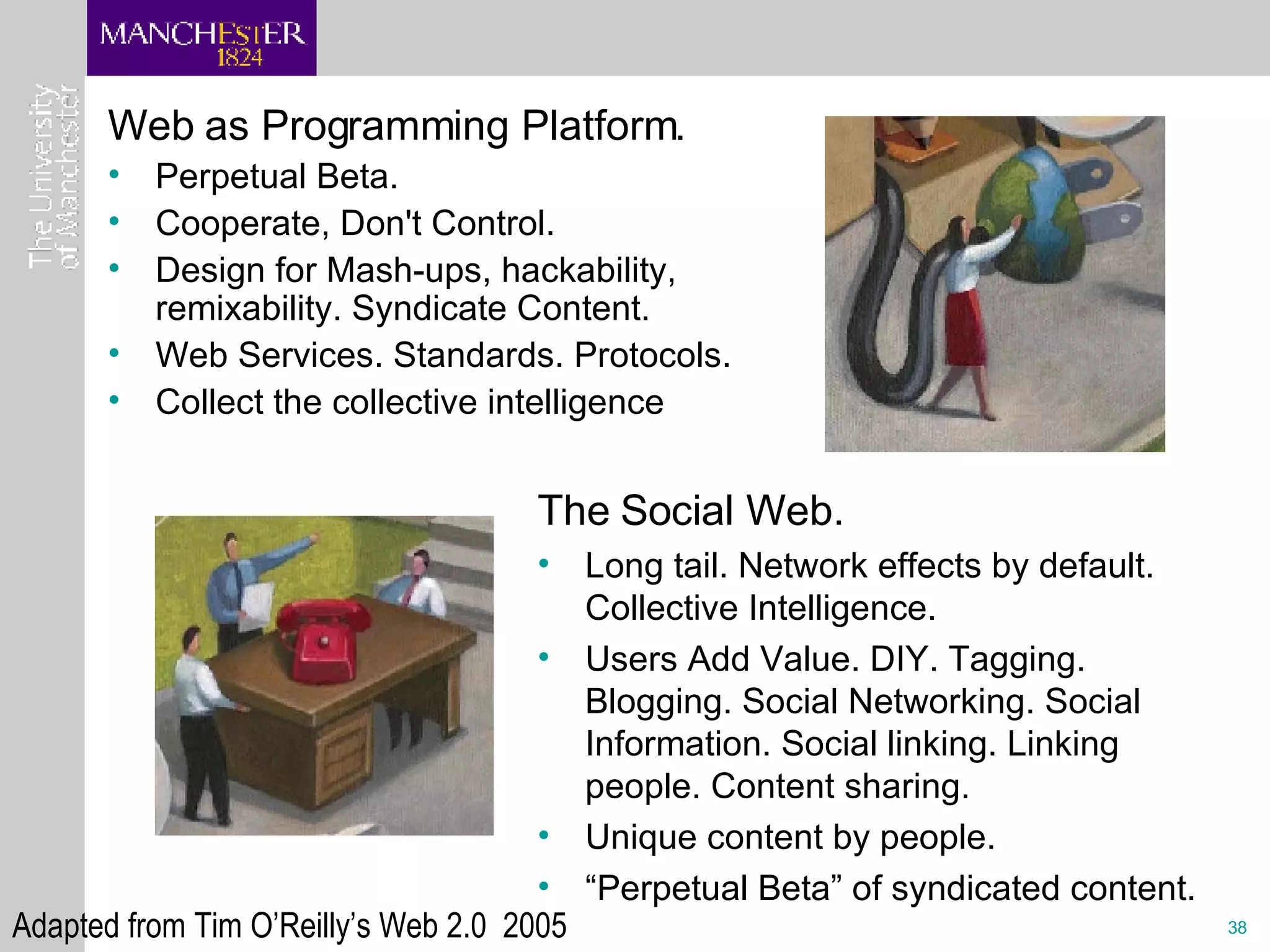 Web as Programming Platform. Perpetual Beta. Cooperate, Don't Control. Design for Mash-ups, hackability, remixability. Syndicate Content.  Web Services. Standards. Protocols. Collect the collective intelligence The Social Web.  Long tail. Network effects by default. Collective Intelligence. Users Add Value. DIY. Tagging. Blogging. Social Networking. Social Information. Social linking. Linking people. Content sharing. Unique content by people. “ Perpetual Beta” of syndicated content. Adapted from Tim O’Reilly’s Web 2.0  2005 