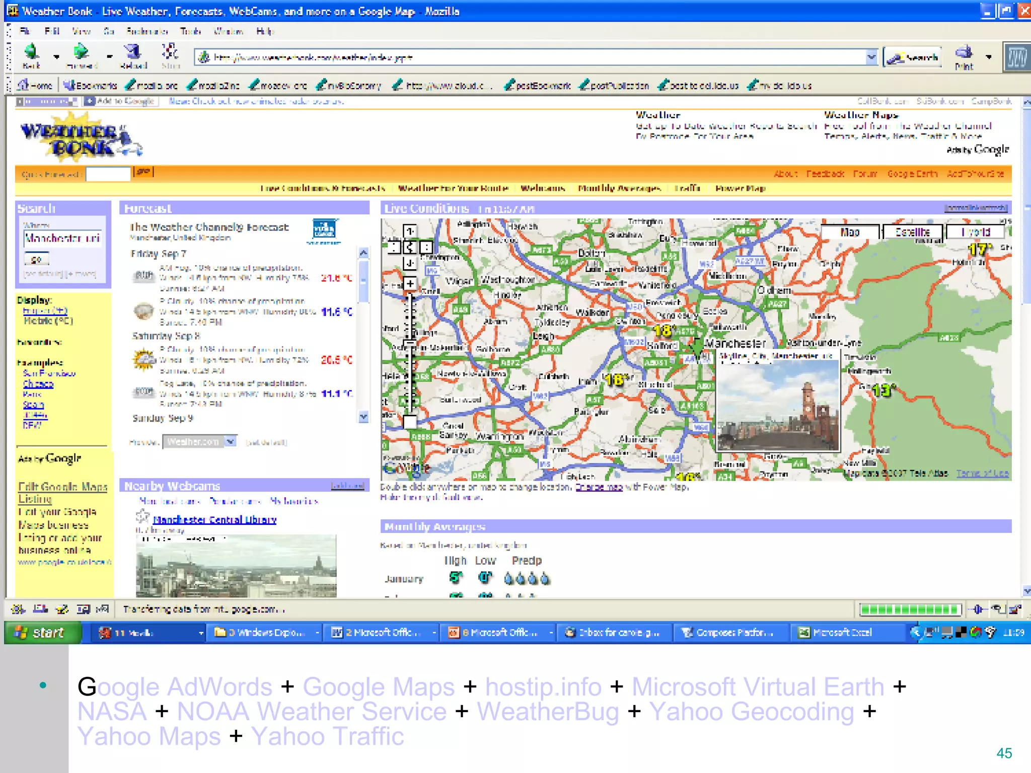 G oogle  AdWords  +  Google Maps  +  hostip.info  +  Microsoft Virtual Earth  +  NASA  +  NOAA Weather Service  +  WeatherBug  +  Yahoo  Geocoding  +  Yahoo Maps  +  Yahoo Traffic   