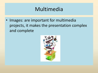 Multimedia 
• Images: are important for multimedia 
projects, it makes the presentation complex 
and complete 
 