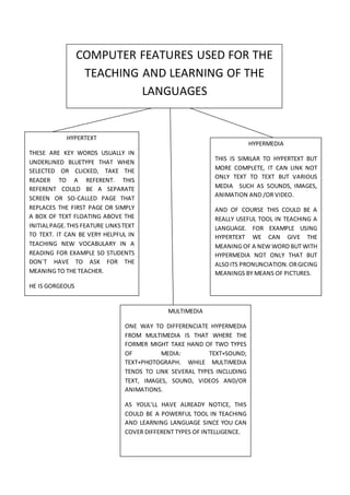 COMPUTER FEATURES USED FOR THE
TEACHING AND LEARNING OF THE
LANGUAGES
HYPERTEXT
THESE ARE KEY WORDS USUALLY IN
UNDERLINED BLUETYPE THAT WHEN
SELECTED OR CLICKED, TAKE THE
READER TO A REFERENT. THIS
REFERENT COULD BE A SEPARATE
SCREEN OR SO-CALLED PAGE THAT
REPLACES THE FIRST PAGE OR SIMPLY
A BOX OF TEXT FLOATING ABOVE THE
INITIALPAGE.THIS FEATURE LINKSTEXT
TO TEXT. IT CAN BE VERY HELPFUL IN
TEACHING NEW VOCABULARY IN A
READING FOR EXAMPLE SO STUDENTS
DON´T HAVE TO ASK FOR THE
MEANING TO THE TEACHER.
HE IS GORGEOUS
MULTIMEDIA
ONE WAY TO DIFFERENCIATE HYPERMEDIA
FROM MULTIMEDIA IS THAT WHERE THE
FORMER MIGHT TAKE HAND OF TWO TYPES
OF MEDIA: TEXT+SOUND;
TEXT+PHOTOGRAPH. WHILE MULTIMEDIA
TENDS TO LINK SEVERAL TYPES INCLUDING
TEXT, IMAGES, SOUND, VIDEOS AND/OR
ANIMATIONS.
AS YOUL’LL HAVE ALREADY NOTICE, THIS
COULD BE A POWERFUL TOOL IN TEACHING
AND LEARNING LANGUAGE SINCE YOU CAN
COVER DIFFERENT TYPES OF INTELLIGENCE.
HYPERMEDIA
THIS IS SIMILAR TO HYPERTEXT BUT
MORE COMPLETE, IT CAN LINK NOT
ONLY TEXT TO TEXT BUT VARIOUS
MEDIA SUCH AS SOUNDS, IMAGES,
ANIMATION AND /OR VIDEO.
AND OF COURSE THIS COULD BE A
REALLY USEFUL TOOL IN TEACHING A
LANGUAGE. FOR EXAMPLE USING
HYPERTEXT WE CAN GIVE THE
MEANING OF A NEW WORD BUT WITH
HYPERMEDIA NOT ONLY THAT BUT
ALSOITS PRONUNCIATION.ORGICING
MEANINGS BY MEANS OF PICTURES.
 