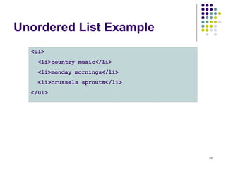 32
Unordered List Example
<ul>
<li>country music</li>
<li>monday mornings</li>
<li>brussels sprouts</li>
</ul>
 