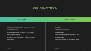 Our curriculum is priced below that of other tools in
the education market
Simple and easy to use, compared to the complex
tools of the competitors
Affordability is the main draw for educators to adopt
our products
Company A
Product is more expensive
Companies B & C
Product is expensive and inconvenient to use
Companies D & E
Product is affordable, but inconvenient to use
1/7/20XX 11
OUR COMPETITION
CONTOSO COMPETITORS
Pitch deck
 