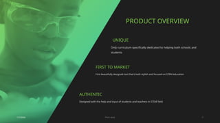 UNIQUE
Only curriculum specifically dedicated to helping both schools and
students
PRODUCT OVERVIEW
1/7/20XX Pitch deck 5
FIRST TO MARKET
First beautifully designed tool that's both stylish and focused on STEM education
AUTHENTIC
Designed with the help and input of students and teachers in STEM field
 