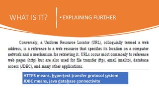 WHAT IS IT? •EXPLAINING FURTHER
HTTPS means, hypertext transfer protocol system
JDBC means, java database connectivity
 
