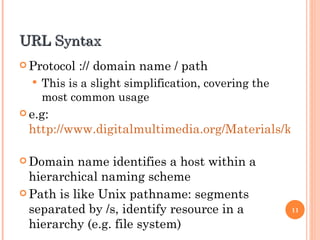 URL Syntax Protocol :// domain name / path This is a slight simplification, covering the most common usage e.g:  http://www.digitalmultimedia.org/Materials/keypoints.html   Domain name identifies a host within a hierarchical naming scheme Path is like Unix pathname: segments separated by /s, identify resource in a hierarchy (e.g. file system) 