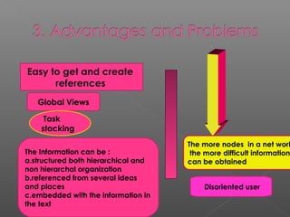 Easy to get and create
      references
   Global Views

     Task
    stacking
                                     The more nodes in a net work
The Information can be :              the more difficult information
a.structured both hierarchical and   can be obtained
non hierarchal organization
b.referenced from several ideas
and places                               Disoriented user
c.embedded with the information in
the text
 