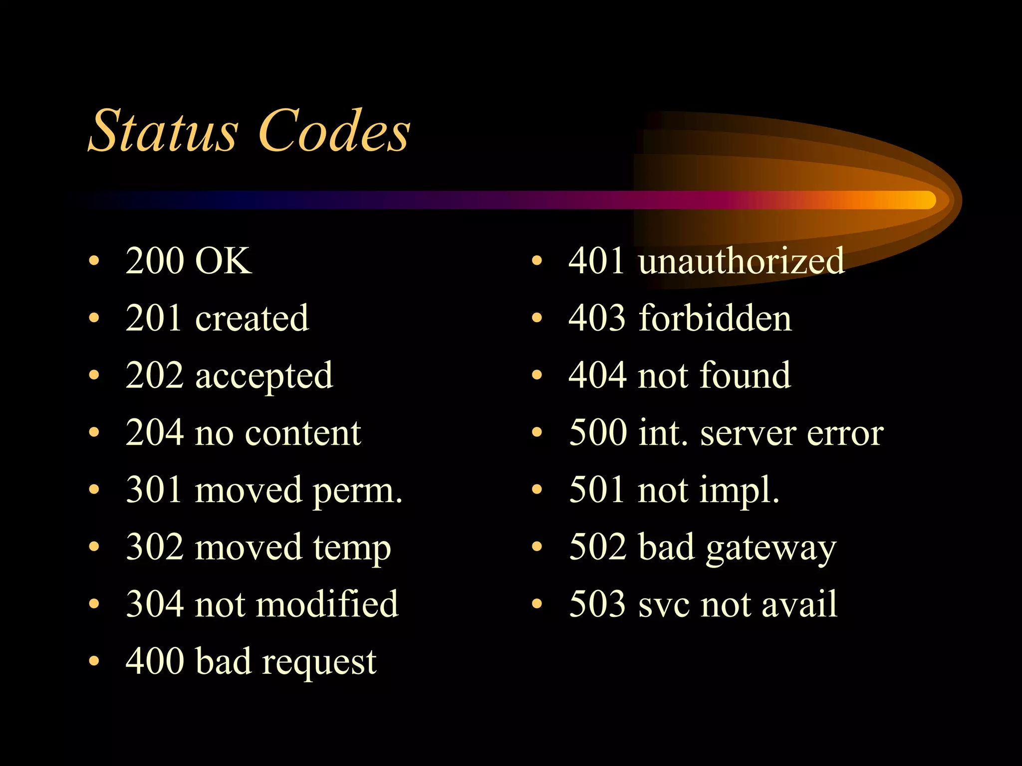 Status Codes
• 200 OK
• 201 created
• 202 accepted
• 204 no content
• 301 moved perm.
• 302 moved temp
• 304 not modified
• 400 bad request
• 401 unauthorized
• 403 forbidden
• 404 not found
• 500 int. server error
• 501 not impl.
• 502 bad gateway
• 503 svc not avail
 