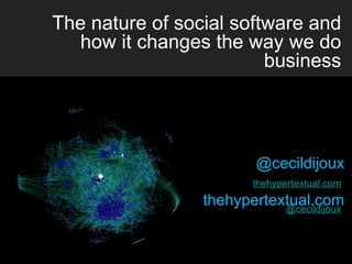 The nature of social software and
  how it changes the way we do
                         business




                        @cecildijoux

                 thehypertextual.com
 