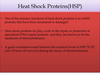 Heat Shock Proteins(HSP)
• One of the primary functions of heat shock proteins is to refold
proteins that have been denatured or damaged
• Heat shock proteins do play a role in the repair or protection of
specialized DNA repair proteins and they are known to be the
mediators of thermotolerance
• A good correlation exists between the residual levels of HSP 70, 87,
and 110 and cell survival during the decay of thermotolerance
 