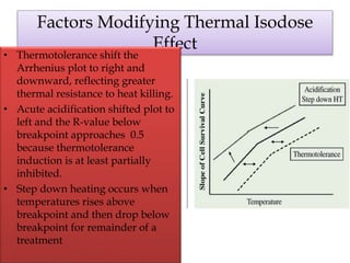 Factors Modifying Thermal Isodose
Effect
• Thermotolerance shift the
Arrhenius plot to right and
downward, reflecting greater
thermal resistance to heat killing.
• Acute acidification shifted plot to
left and the R-value below
breakpoint approaches 0.5
because thermotolerance
induction is at least partially
inhibited.
• Step down heating occurs when
temperatures rises above
breakpoint and then drop below
breakpoint for remainder of a
treatment
 