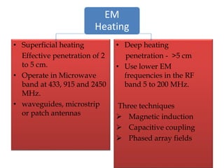 EM
Heating
• Superficial heating
Effective penetration of 2
to 5 cm.
• Operate in Microwave
band at 433, 915 and 2450
MHz.
• waveguides, microstrip
or patch antennas
• Deep heating
penetration - >5 cm
• Use lower EM
frequencies in the RF
band 5 to 200 MHz.
Three techniques
 Magnetic induction
 Capacitive coupling
 Phased array fields
 