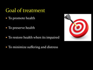  To promote health
 To preserve health
 To restore health when its impaired
 To minimize suffering and distress
 