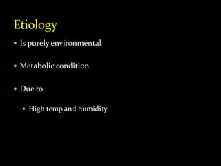  Is purely environmental
 Metabolic condition
 Due to
 High temp and humidity
 