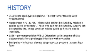 HISTORY
• 3500 years ago Egyptian papyrus – breast tumor treated with
hyperthermia
• Hippocrates 470 -377BC - those who cannot be cured by medicine
can be cured by surgery . Those who can not be cured by surgery can
be cured by fire. Those who can not be cured by fire are indeed
incurable.
• 1866 – german physician W.BUSCH patient with sarcoma of face
disappeared after a prolonged infection with erysipelas
• Erysipelas – infectious disease streptococcus pyogens , causes high
fever
4/6/2022 4
Dr.G K PRAGATHEESWARI MMC
 