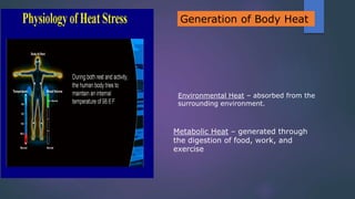 Metabolic Heat – generated through
the digestion of food, work, and
exercise
Environmental Heat – absorbed from the
surrounding environment.
Generation of Body Heat
 