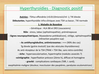 Hyperthyroïdies - Diagnostic positif
Avérées : TSHus effondrée (<0.0110microUi/ml -); T4l élevée
Débutantes, hyperthyroïdie infra-cliniques avec TSH us basse ; T4l normale
1. Maladie de Basedow
- Génétique : HLA B8 et DR3 (caucasiens)
Rôle : stress, tabac (ophtalmopathie), préménopause
- Signes neuropsychiatriques, Myxoedeme prétibial(rare), vitiligo, ophtalmopathie
(rétraction paupière sup)
- Ac antithyroglobuline, antimicrosomes : +++ (90% des cas)
Tg élevée (goitre évolutif, lyse des vésicules thyroïdiennes)
Ac anti-récepteur de la TSH (TRAK = TSH like, sans retro-contrôle)
- écho : hypervascularisation, hypertrophie (nodules associés ?)
-scintigraphie : hyperfixation précoce (2ème h), diffuse et homogène
- gravité : complications cardiaques (TdR, I. card);
exophtalmie maligne (douleur, inocclusion des paupières, paralysies oculomotrices)
 