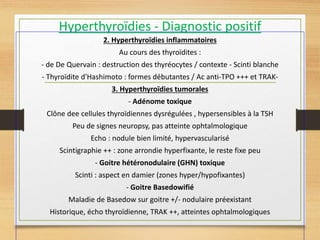 Hyperthyroïdies - Diagnostic positif
2. Hyperthyroïdies inflammatoires
Au cours des thyroïdites :
- de De Quervain : destruction des thyréocytes / contexte - Scinti blanche
- Thyroïdite d'Hashimoto : formes débutantes / Ac anti-TPO +++ et TRAK-
3. Hyperthyroïdies tumorales
- Adénome toxique
Clône dee cellules thyroïdiennes dysrégulées , hypersensibles à la TSH
Peu de signes neuropsy, pas atteinte ophtalmologique
Echo : nodule bien limité, hypervascularisé
Scintigraphie ++ : zone arrondie hyperfixante, le reste fixe peu
- Goitre hétéronodulaire (GHN) toxique
Scinti : aspect en damier (zones hyper/hypofixantes)
- Goitre Basedowifié
Maladie de Basedow sur goitre +/- nodulaire préexistant
Historique, écho thyroïdienne, TRAK ++, atteintes ophtalmologiques
 