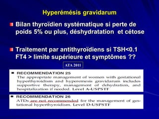 Hyperémésis gravidarum
Bilan thyroïdien systématique si perte de
poids 5% ou plus, déshydratation et cétose
Traitement par antithyroïdiens si TSH<0.1
FT4 > limite supérieure et symptômes ??
ATA 2011
 