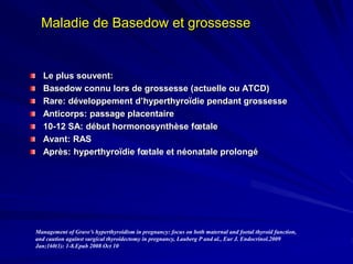 Le plus souvent:
Basedow connu lors de grossesse (actuelle ou ATCD)
Rare: développement d’hyperthyroïdie pendant grossesse
Anticorps: passage placentaire
10-12 SA: début hormonosynthèse fœtale
Avant: RAS
Après: hyperthyroïdie fœtale et néonatale prolongé
Management of Grave’s hyperthyroidism in pregnancy: focus on both maternal and foetal thyroid function,
and caution against surgical thyroidectomy in pregnancy, Lauberg P and al., Eur J. Endocrinol.2009
Jan;160(1): 1-8.Epub 2008 Oct 10
Maladie de Basedow et grossesse
 